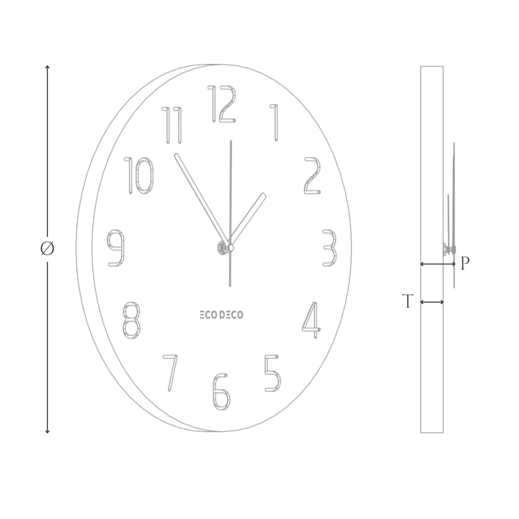 ECO DECO Minimalist Elegance dimensions diagram (Ø Diameter, T Thickness, P Wall Projection)