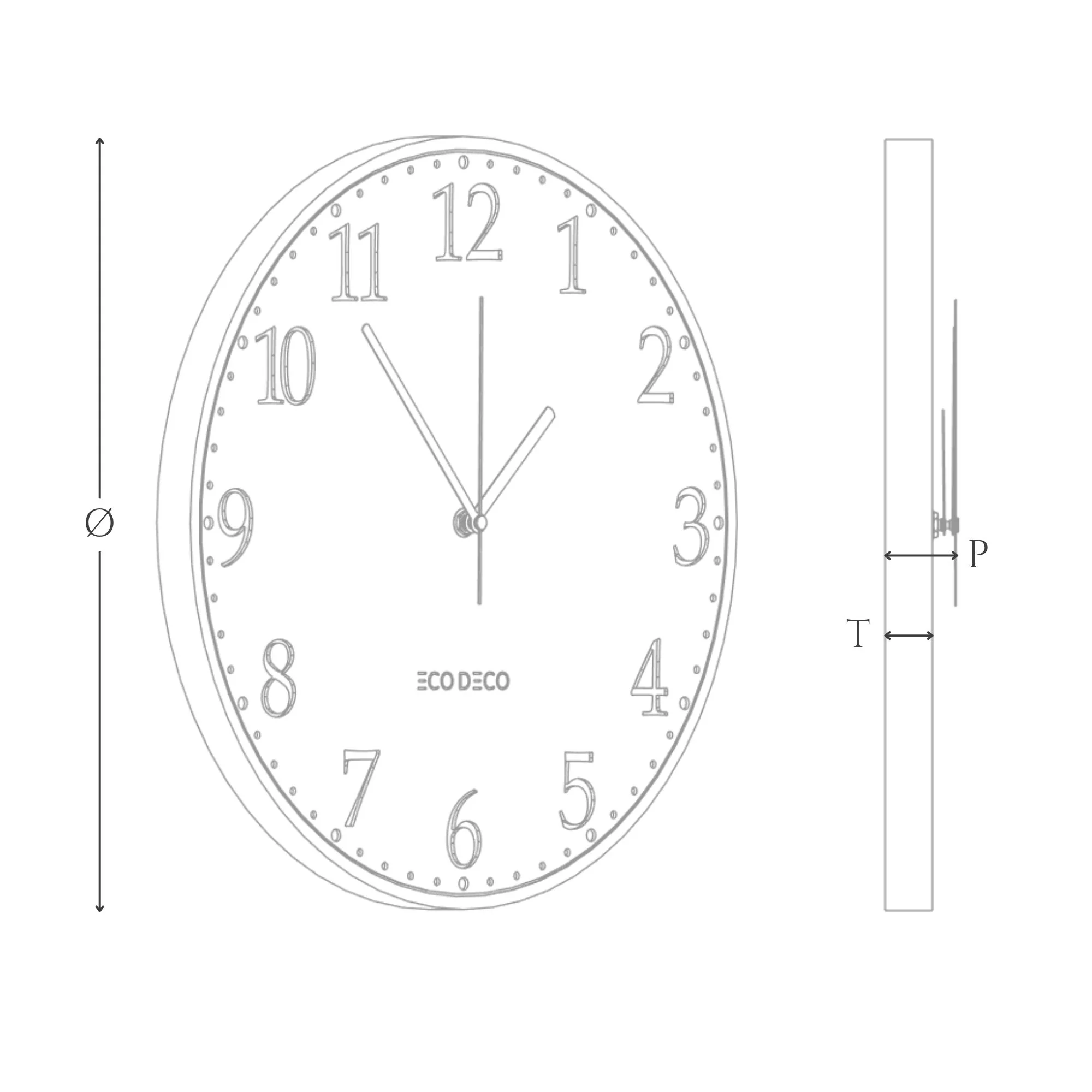 ECO DECO Minute Muse dimensions diagram (Ø Diameter, T Thickness, P Wall Projection)