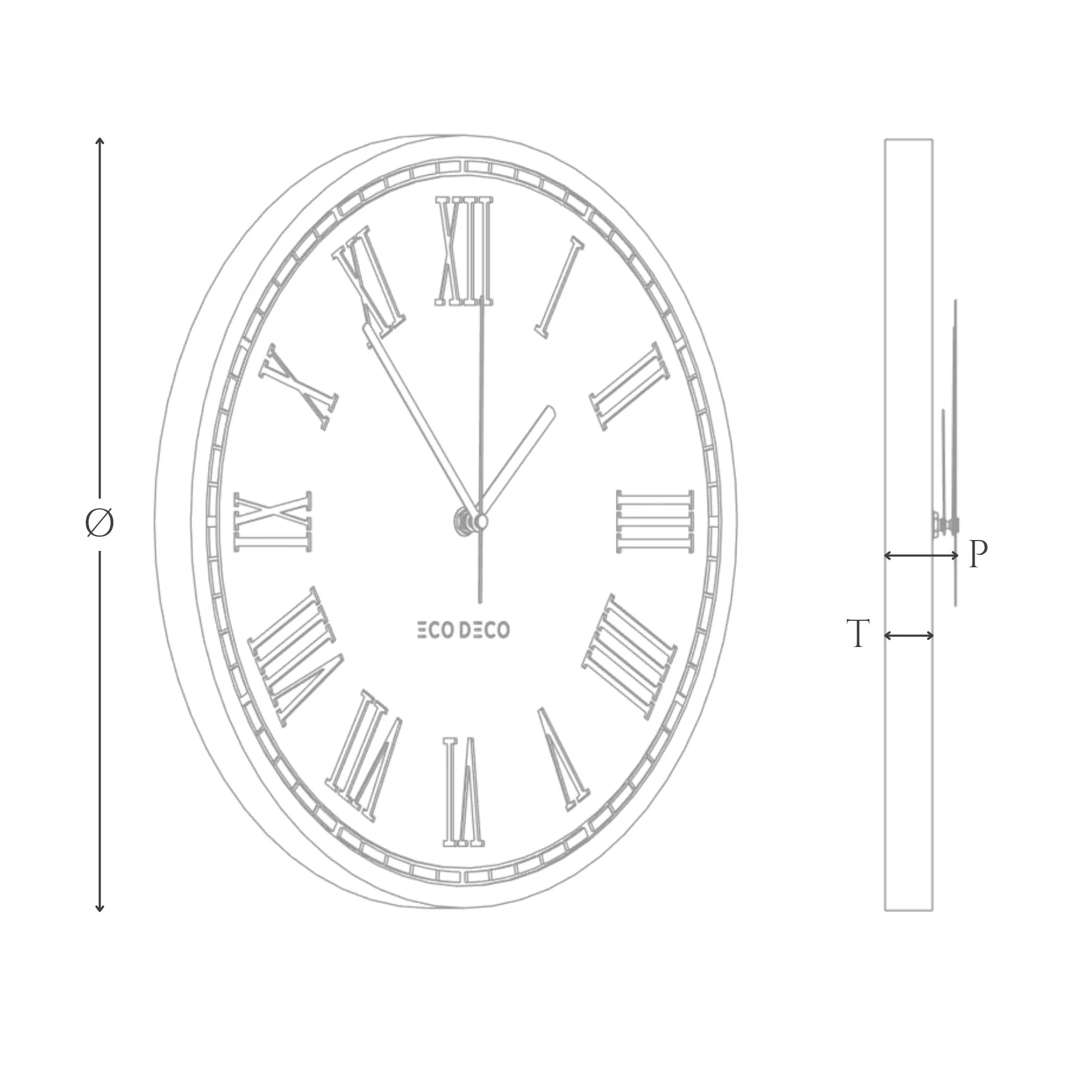 ECO DECO Vintage Grain dimensions diagram (Ø Diameter, T Thickness, P Wall Projection)